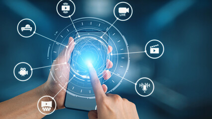 Multimedia technology with video, audio, photo and streaming icons representing digital media, communication and online platforms in a modern multimedia world. Gist