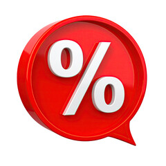A 3D-rendered, glossy red speech bubble displaying a white percentage symbol
