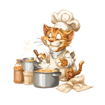 Cat chef cooking pasta isolated on transparent background