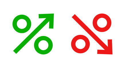 Red and green percentage symbols with decrease and increase arrows