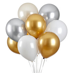 A bouquet of metallic-look balloons in gold, silver, and white, with shiny surfaces