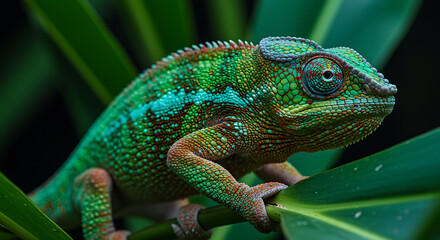 Obraz premium A vibrant panther chameleon perched on a lush green leaf, showcasing its intricate patterns and colors