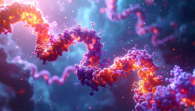 Abstract, vibrant, glowing molecular structure.  Colorful, dynamic protein, or similar biological component, with swirling, flowing forms.  A deep space, or nebula-like background