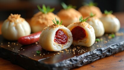 Closeup of ang ku kueh, a traditional dessert, served on a rustic wooden board. These delicate pastries feature a soft outer layer filled with rich red paste, garnished with fresh herbs and crumbs.