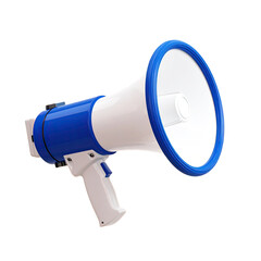 A bright blue and white megaphone isolated on a black background
