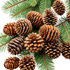 Fototapeta premium Close-up of pine cones with green fir branches