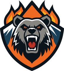 Fierce grizzly bear emblem with flames and mountains