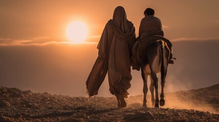 The Good Samaritan walks beside a donkey carrying the wounded traveler at sunset, symbolizing compassion, mercy, and selfless aid in biblical teaching.