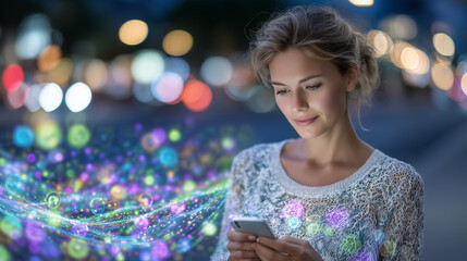 Vibrant digital composition of woman using smartphone, interactive glowing symbols of social media engagement floating dynamically around