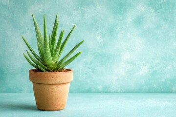 Aloe vera plant growing in a terracotta pot with green succulent leaves, symbolizing natural health, wellness, and organic beauty
