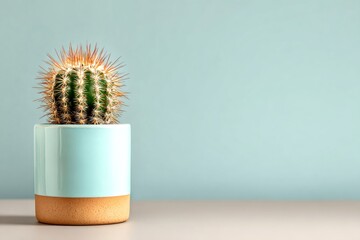 Green cactus in minimalist pastel blue and clay pot on a table with copy space, modern houseplant decor
