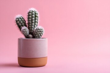 Potted cactus with needles in a modern ceramic pot against a vibrant pink background, having blank copy space