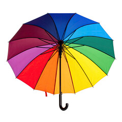 Open, colorful umbrella against black. Rainbow hues radiate outwards, covering the black background