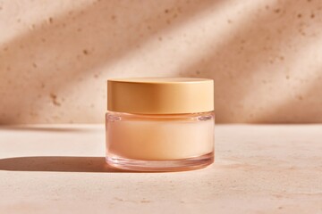Skincare cream jar packaging mockup on a textured background with natural sunlight and shadow