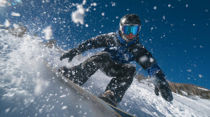 High-speed snowboard jump over powder slope, dynamic snow spray and bright alpine light reflecting off goggles and snow surface