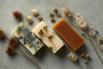 Three handmade botanical soaps with embedded dried flowers and herbs on a grey textured surface, depicting natural skincare