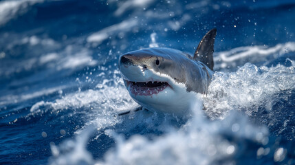 Naklejka premium Frontal view of a great white shark emerging from deep blue ocean, mouth slightly open, sharp teeth visible, sunlight filtering through waves