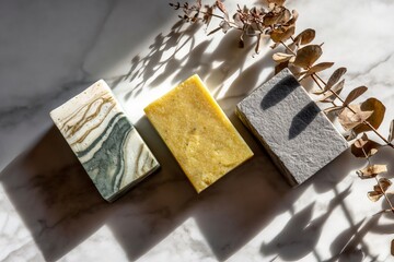 Three handmade natural soap bars on white marble with eucalyptus leaves and dappled sunlight, promoting wellness and skincare