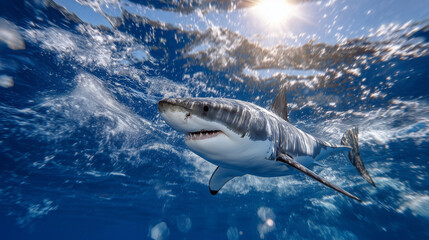 Fototapeta premium Frontal shot of great white shark swimming forward through shimmering ocean, sunlight rays outlining its silhouette