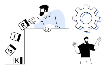 Man topples blocks with RISK text, a gear symbolizes mechanism or solutions, another figure gestures. Ideal for risk management, decision-making, teamwork, problem-solving, leadership, planning