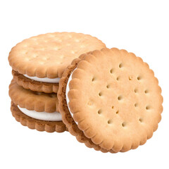 Close-up of stacked cream-filled sandwich cookies, showing crisp texture and light brown color
