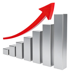 Metallic bar graph shows upward trend with a bright red arrow pointing upwards