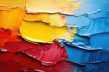 Vibrant abstract oil painting, thick impasto strokes. Primary colors: red, yellow, blue, creating rich, dynamic texture and vivid pigment layers.