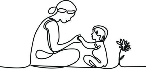 Mother and baby line art style vector illustration, mothers day celebration background