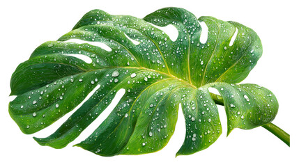 Large green monstera leaf with water droplets on transparent background
