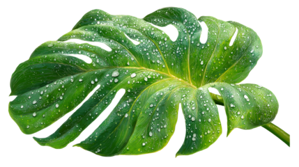 Large green monstera leaf with water droplets on transparent background