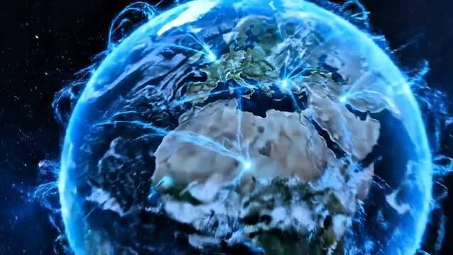 Digital representation of the Earth with glowing lines connecting various locations, symbolizing global networks.