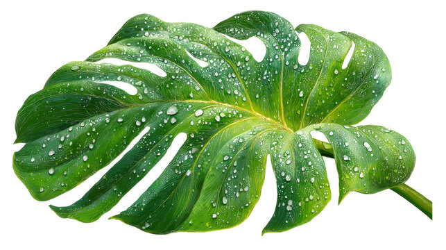 Large green monstera leaf with water droplets on transparent background