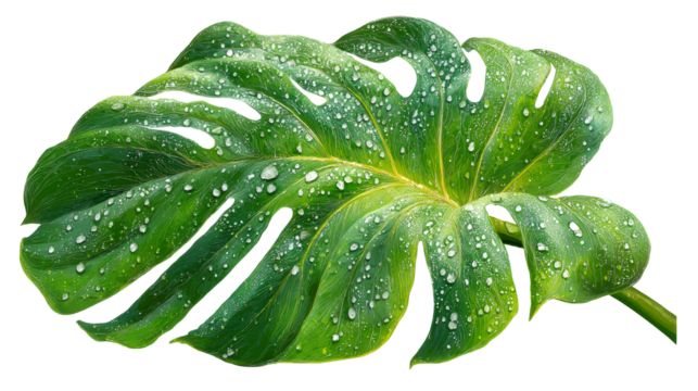 Large green monstera leaf with water droplets on transparent background