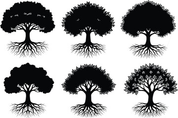 Tree silhouette with roots, black vector illustration, nature concept, underground root system, forest elements, isolated trees, botanical design, eco art