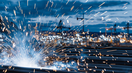 Welding process captured in high detail with flying sparks and smoke trails, modern construction site in the background under early morning light