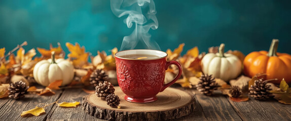 Fototapeta premium Warm cup of tea surrounded by autumn leaves and cozy decorations in a rustic setting