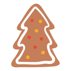 Gingerbread Christmas tree cookie isolated on transparent. Hand drawn flat vector illustration. Traditional holiday baking, food, sweets, Christmas, New Year, seasonal design element, clip art