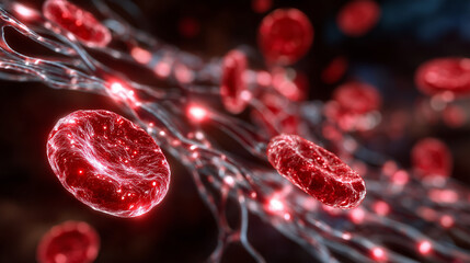 Fototapeta premium High-detail depiction of red blood cells moving through vascular network, light scattering to show realistic motion and flow dynamics