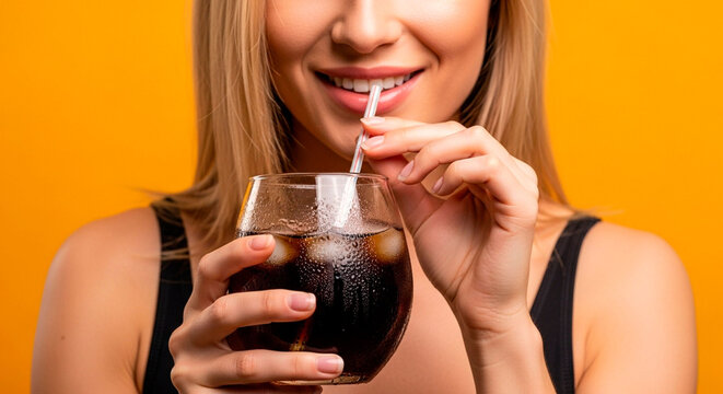 Close in a beautiful young blonde, smiling, with biotype of a beautiful Slavic woman, taking a glass with a delicious rounded glass sweaty with ice and soda glue in yellow background glue