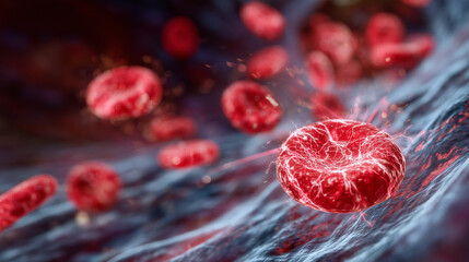 Fototapeta premium Visualization of red blood cells gliding through blood vessel, slight motion blur to show flow speed, educational medical illustration style