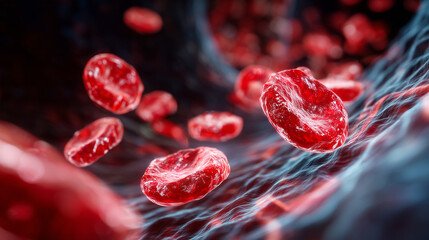 Fototapeta premium Visualization of red blood cells gliding through blood vessel, slight motion blur to show flow speed, educational medical illustration style