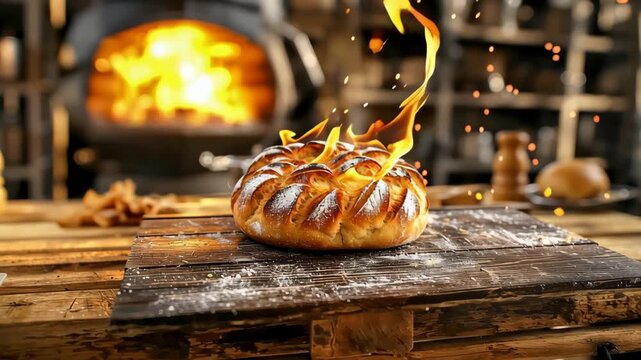 Artisan bread fire flames rustic bakery oven wood crust heat toasted artisan bread wood fired rustic bakery golden crust flames embers warm cozy loaf