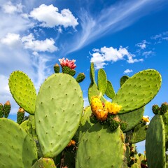Prickly pear cactus with flowers against a vibrant blue sky