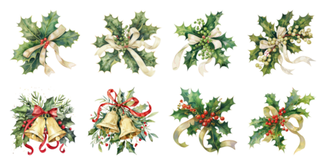 PNG Vintage holiday wreaths with ribbons, element set on transparent background