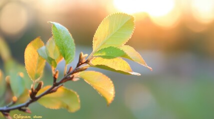 Sunlight shining through green leaves on a branch in a peaceful garden