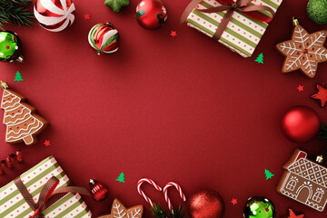 Christmas flat lay with gingerbread cookies, gift boxes, candy canes, ornaments, and pine branches on red background. Perfect for holiday greeting or seasonal design
