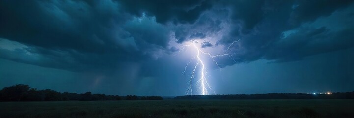 Dramatic Lightning Storm Over Dark Landscape Ominous Clouds, Heavy Rain, Apocalyptic Atmosphere
