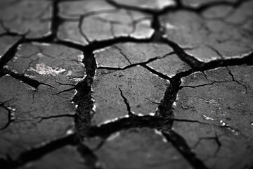 Close-up of severely dry, cracked earth in monochrome, highlighting the intricate network of fissures. A stark visual of drought and desiccation.