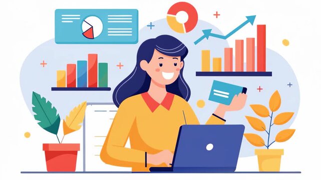 A woman sitting at a desk with a laptop, working on financial data analysis, A woman doing financial data collection trending, Simple and minimalist flat 2d Animation