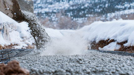 Concrete mix spread on foundation, snowy environment around construction site, close-up of icy texture on surface